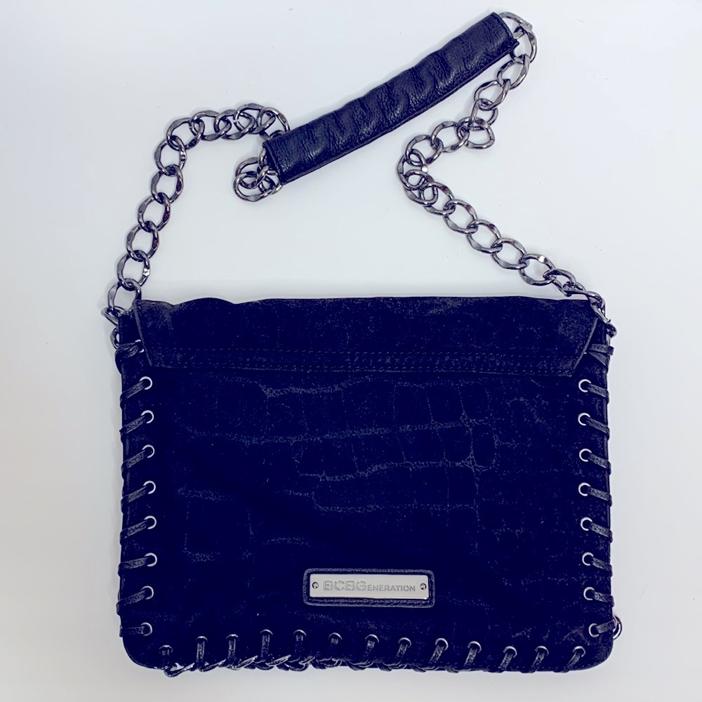 BCBGeneration | Black Leather Bag Chain Link Detailing Braided Leather Sides NEW